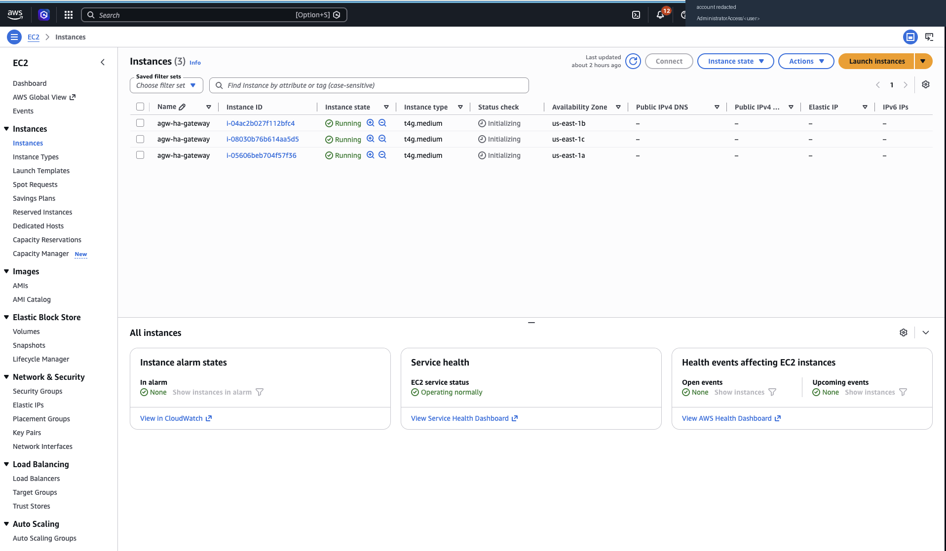 The EC2 Instances console listing three running instances all named agw-ha-gateway, all of type t4g.medium, in availability zones us-east-1b, us-east-1c and us-east-1a. None has a public IPv4 address or an elastic IP, because the nodes sit in private subnets behind the load balancer.