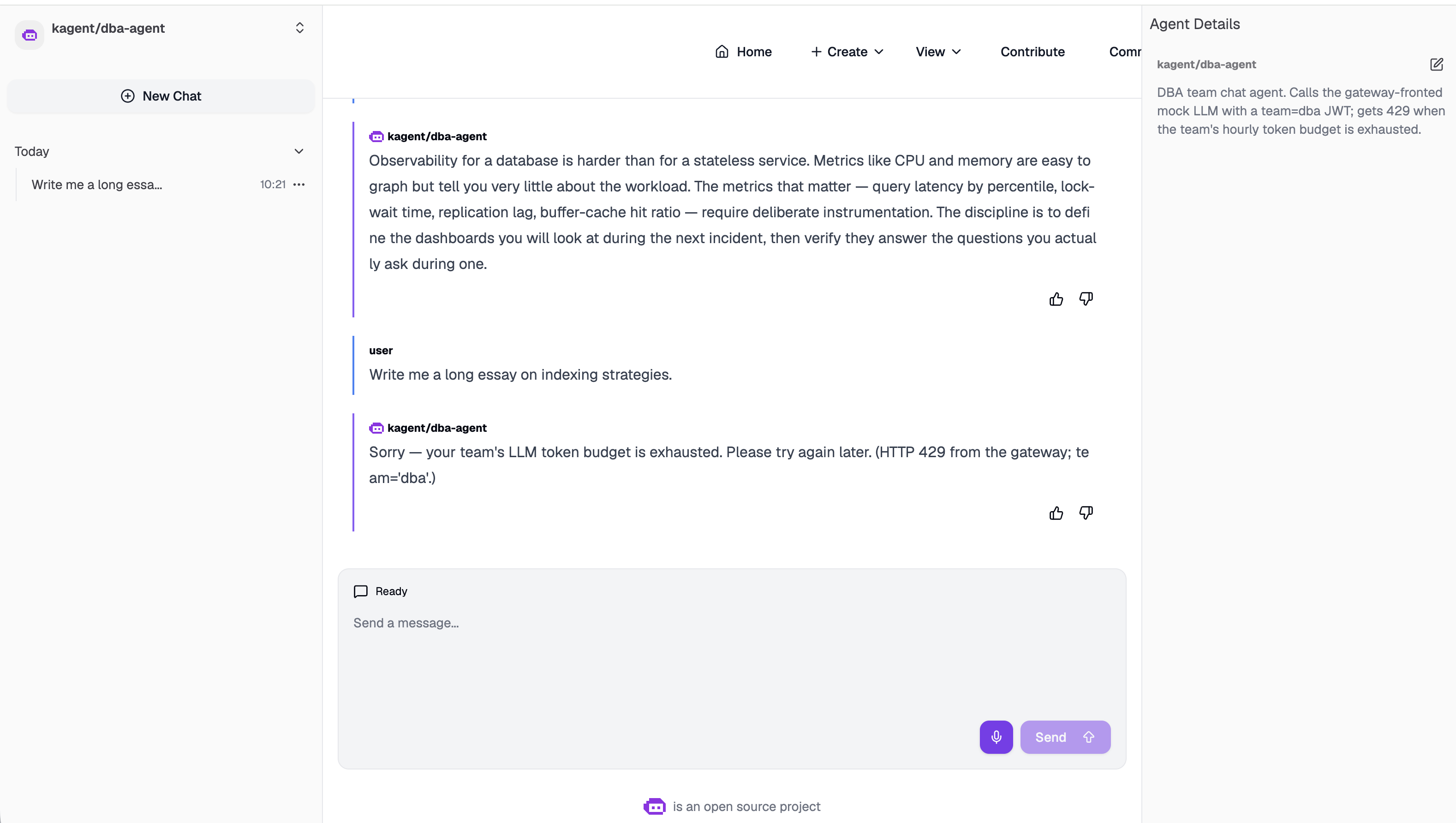 kagent chat with dba-agent. The user prompts 'Write me a long essay on indexing strategies.' and the agent replies: 'Sorry — your team's LLM token budget is exhausted. Please try again later. (HTTP 429 from the gateway; team=dba.)'. The Agent Details sidebar says: 'DBA team chat agent. Calls the gateway-fronted mock LLM with a team=dba JWT; gets 429 when the team's hourly token budget is exhausted.'