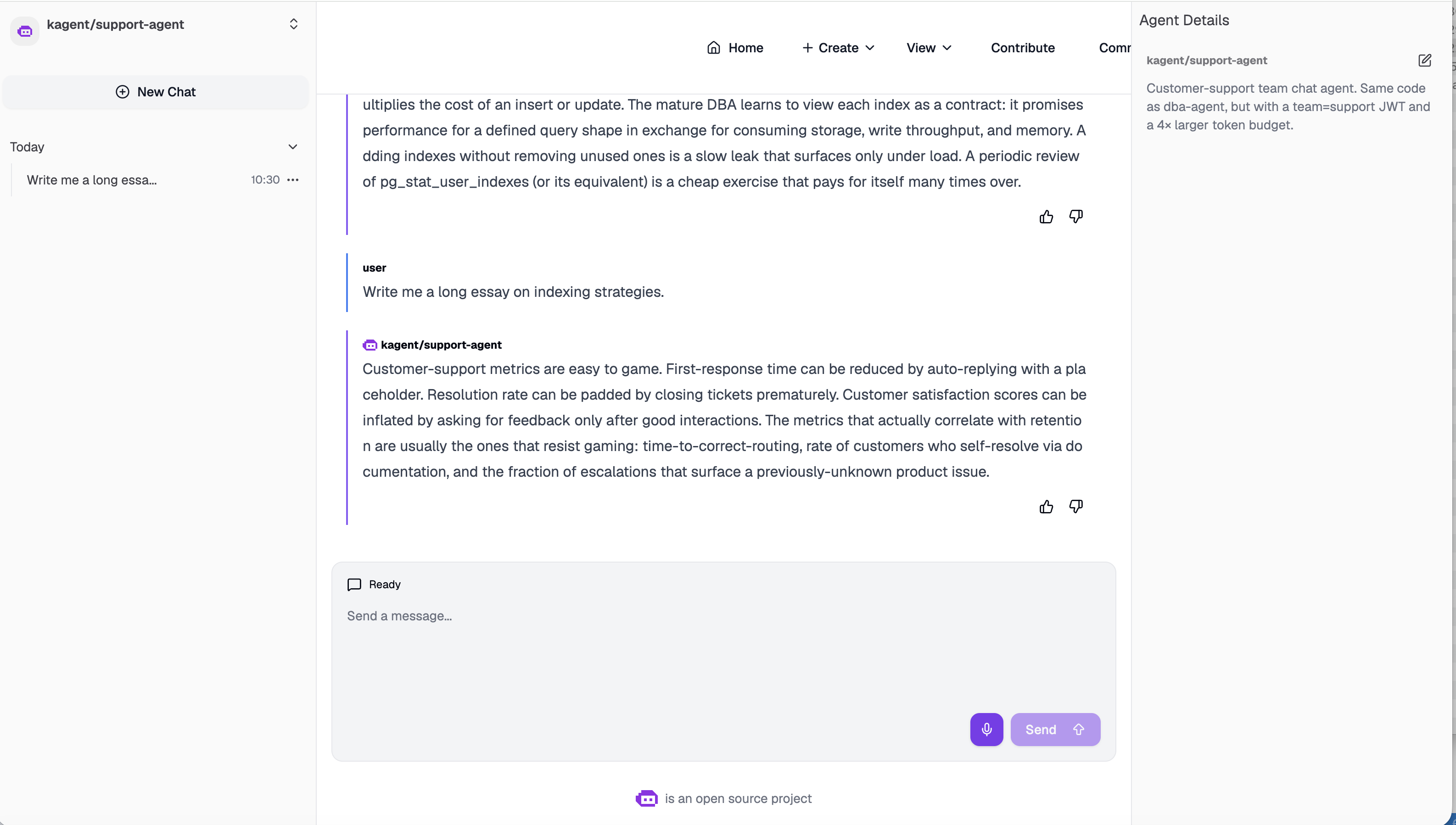 kagent chat with support-agent. The user prompts 'Write me a long essay on indexing strategies.' and the agent returns a full essay-style response about customer-support metrics. The Agent Details sidebar says: 'Customer-support team chat agent. Same code as dba-agent, but with a team=support JWT and a 4x larger token budget.'