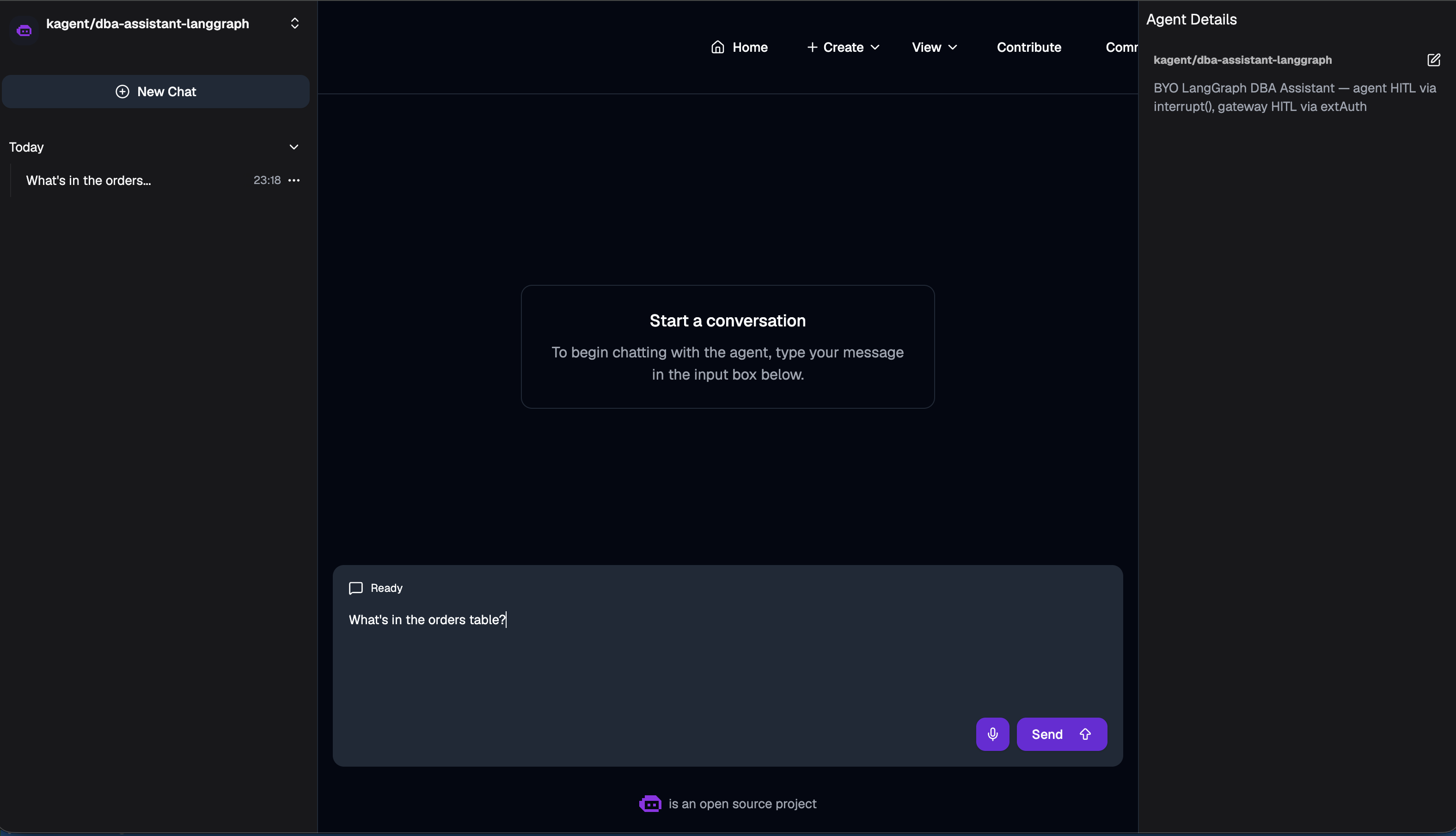 kagent chat with the prompt 'What's in the orders table?' typed in the input box, ready to send.