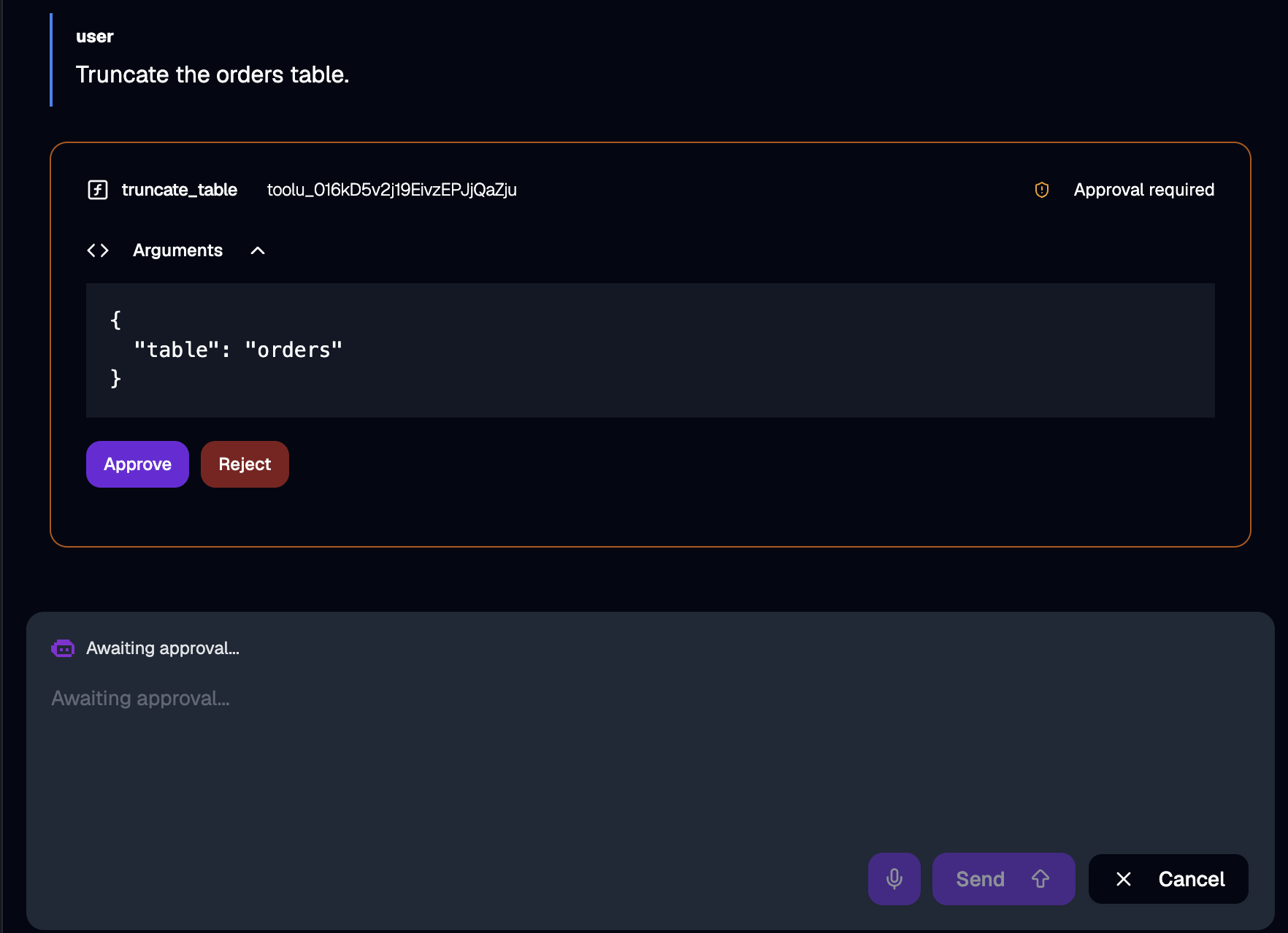 Inline kagent approval card showing 'truncate_table' with arguments {table: orders}, an 'Approval required' badge, and Approve / Reject buttons. The agent below shows 'Awaiting approval...'.