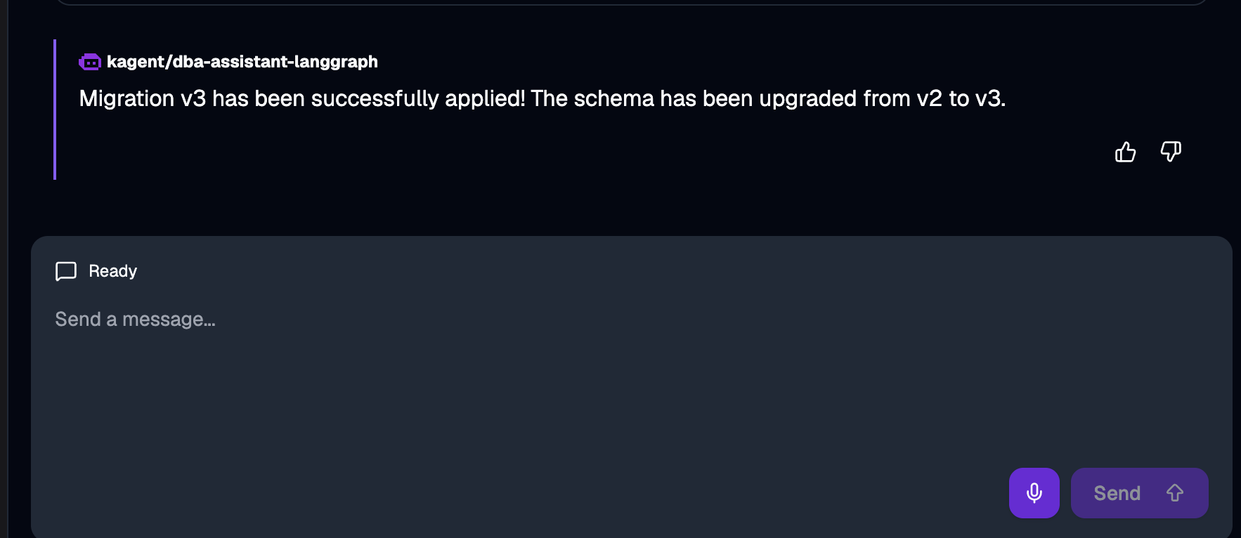 Agent reply in the kagent chat: 'Migration v3 has been successfully applied! The schema has been upgraded from v2 to v3.'
