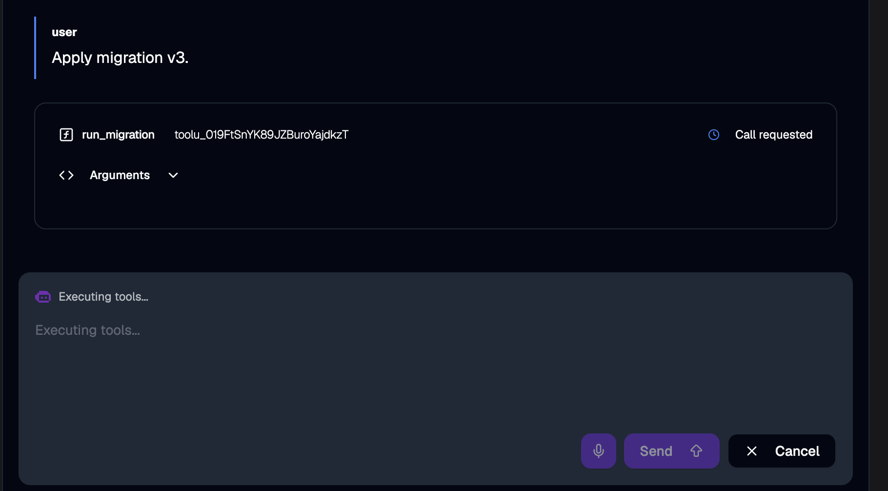 kagent chat after 'Apply migration v3.' — the run_migration tool shows 'Call requested' and the agent is in 'Executing tools...' state, waiting.