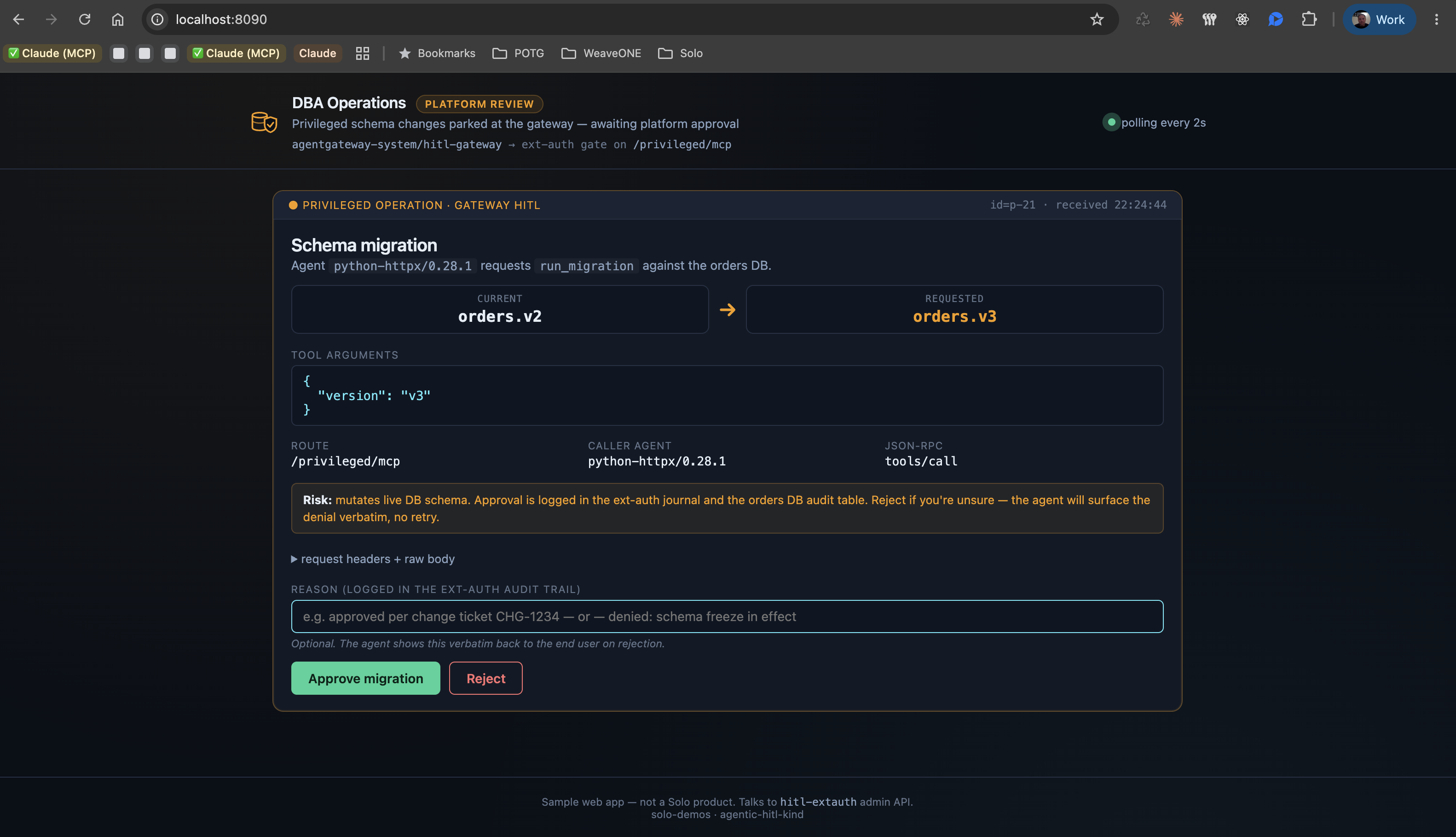 The DBA Operations approval queue showing a 'Schema migration' card with orders.v2 → orders.v3, tool arguments, route /privileged/mcp, caller agent, risk callout, reason text field, and Approve migration / Reject buttons.
