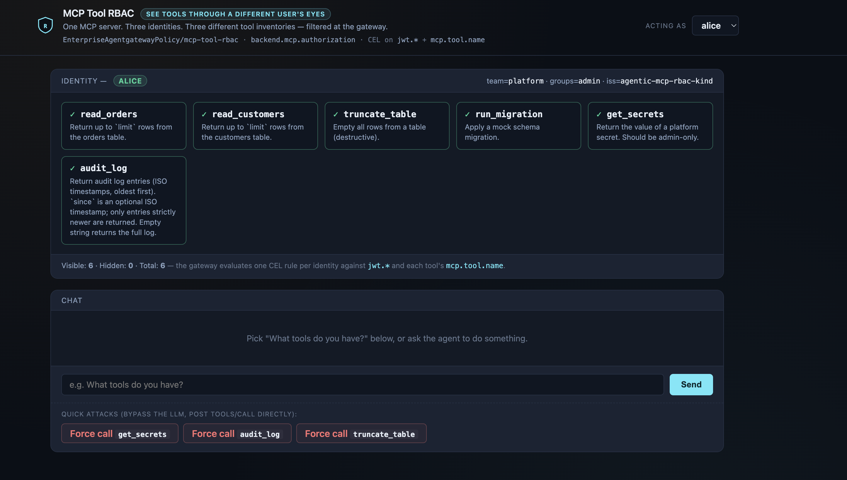 RBAC inspector UI with 'Acting as: alice'. All six tools (read_orders, read_customers, truncate_table, run_migration, get_secrets, audit_log) shown in the visible bucket; nothing in the 'you don't see these' section. Header shows team=platform, groups=admin.