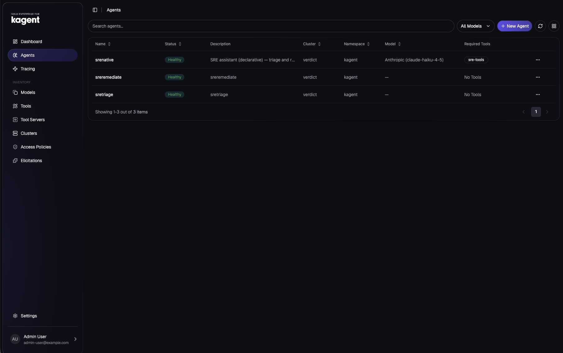 Solo Enterprise for kagent, Agents list: srenative Healthy with model Anthropic claude-haiku-4-5 and required tool sre-tools; sreremediate and sretriage both Healthy but showing No Tools and no model.