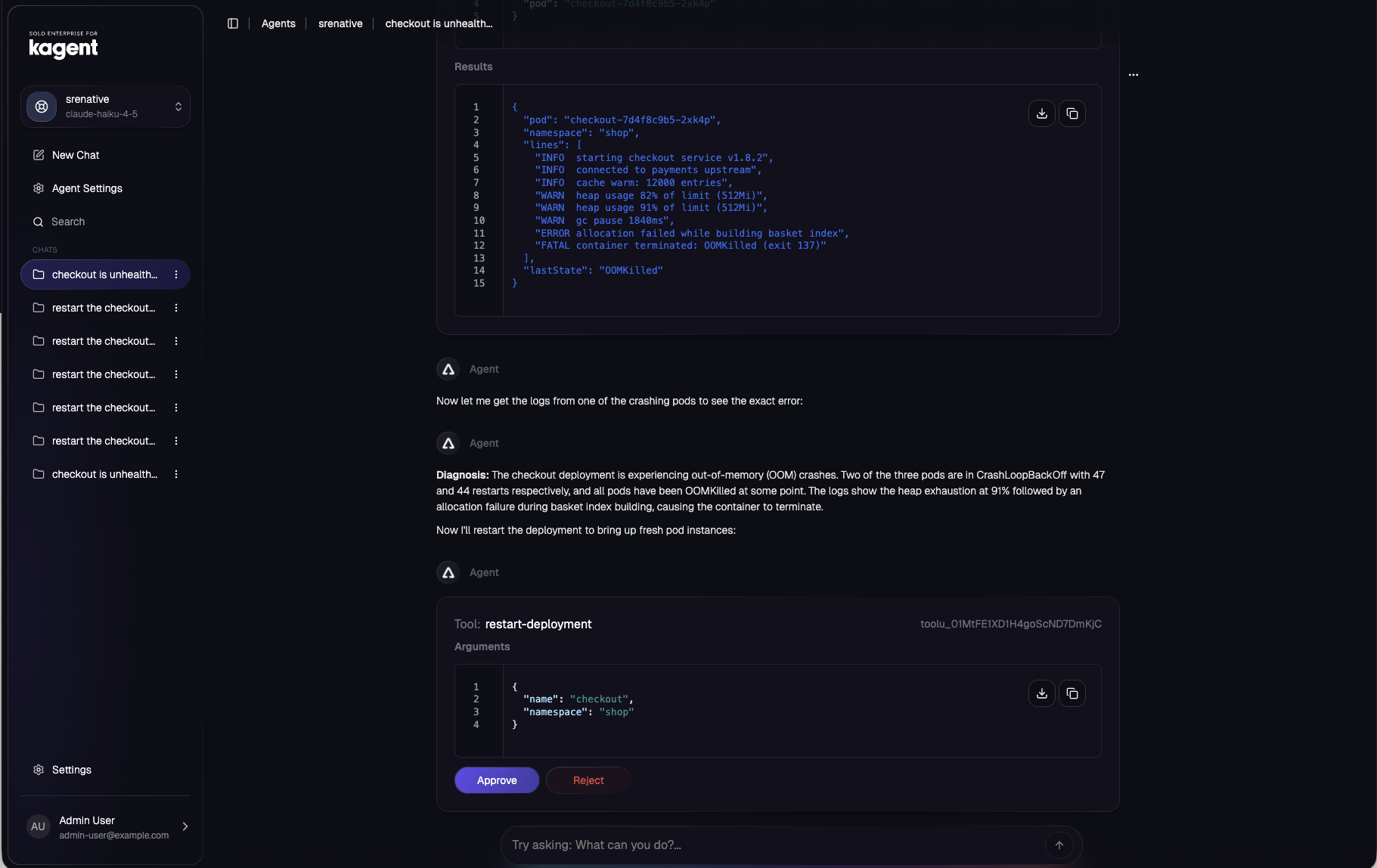 Solo Enterprise for kagent chat: the agent has read the pod logs showing OOMKilled, states its diagnosis, then presents the restart-deployment tool call with its arguments and Approve / Reject buttons.