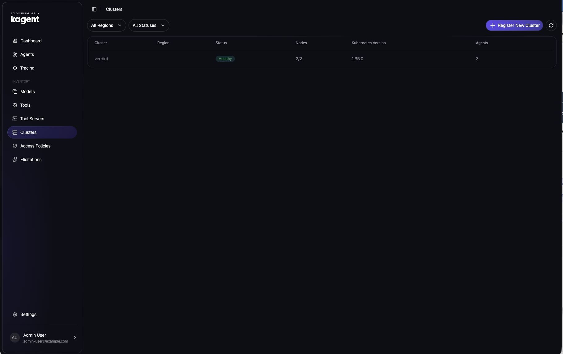 Clusters view: the verdict cluster Healthy, 2 of 2 nodes, Kubernetes 1.35.0, 3 agents.