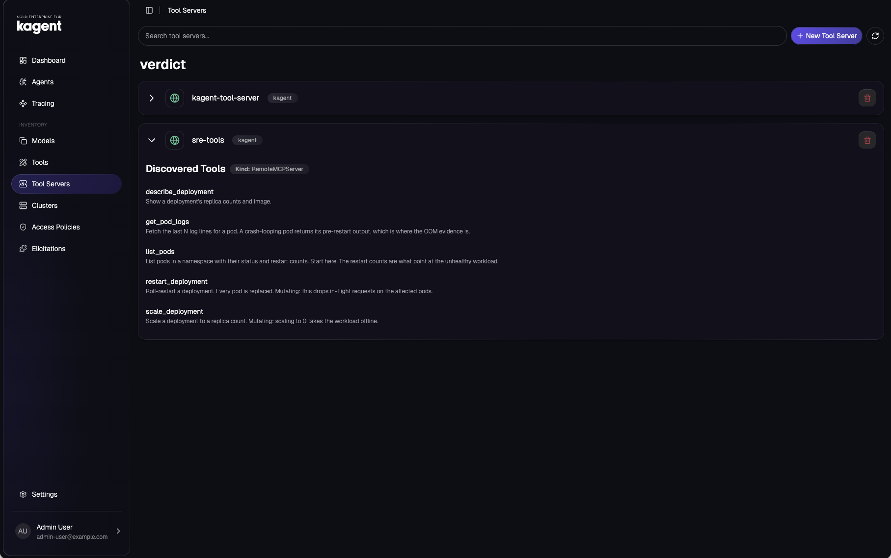 Tool Servers view: sre-tools as a RemoteMCPServer with five discovered tools — describe_deployment, get_pod_logs, list_pods, restart_deployment and scale_deployment — each with its description.