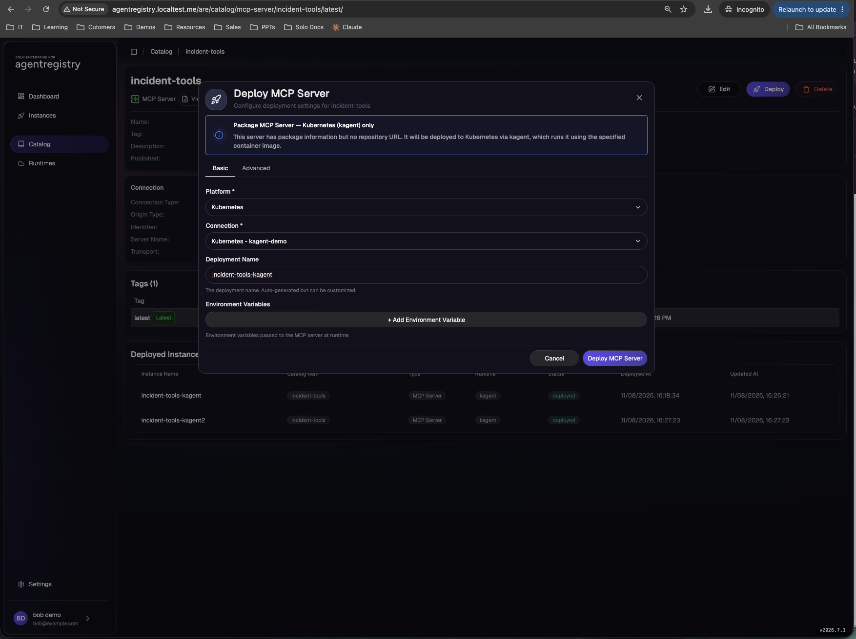 The Deploy MCP Server dialog with Platform Kubernetes, Connection kagent-demo, and the deployment name filled in, opened by a developer-role user