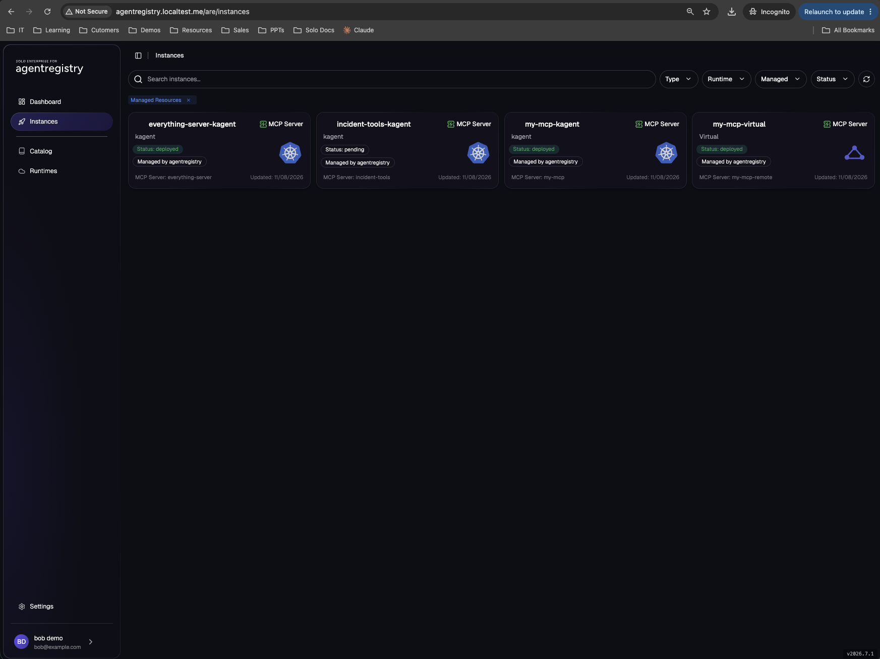 The Instances view showing four MCP server instances: three deployed on kagent and the Virtual runtime, and one pending