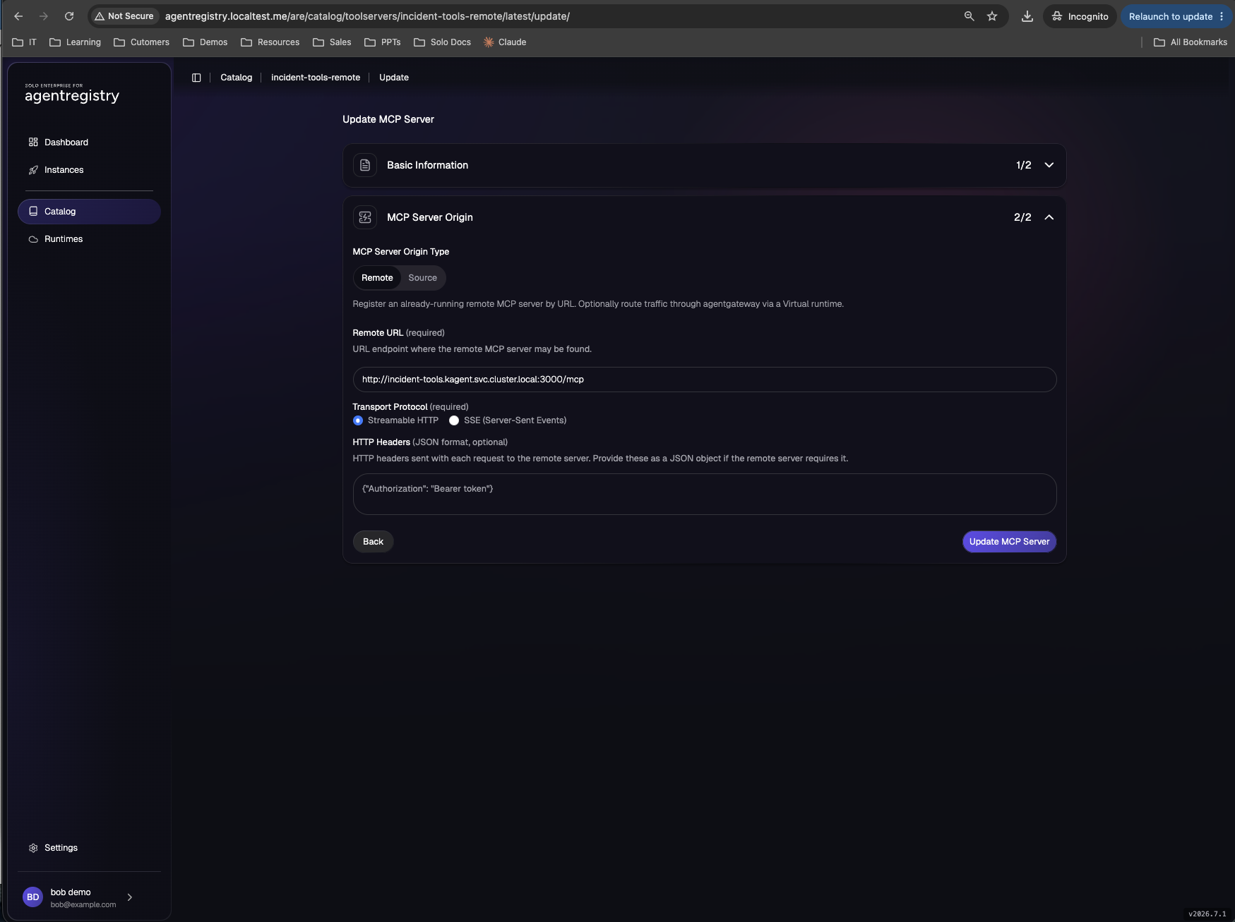 The MCP Server Origin panel with Remote selected: the in-cluster service URL and Streamable HTTP transport