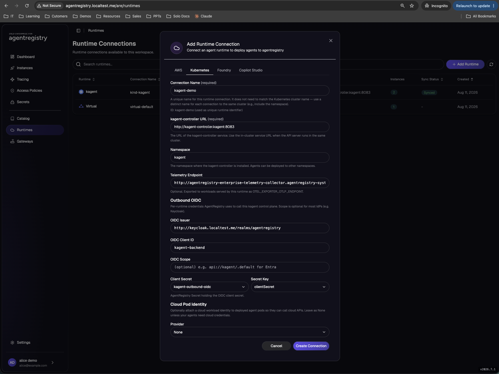 The Add Runtime Connection dialog on the Kubernetes tab, with the kagent controller URL, namespace, telemetry endpoint and the Outbound OIDC block filled in