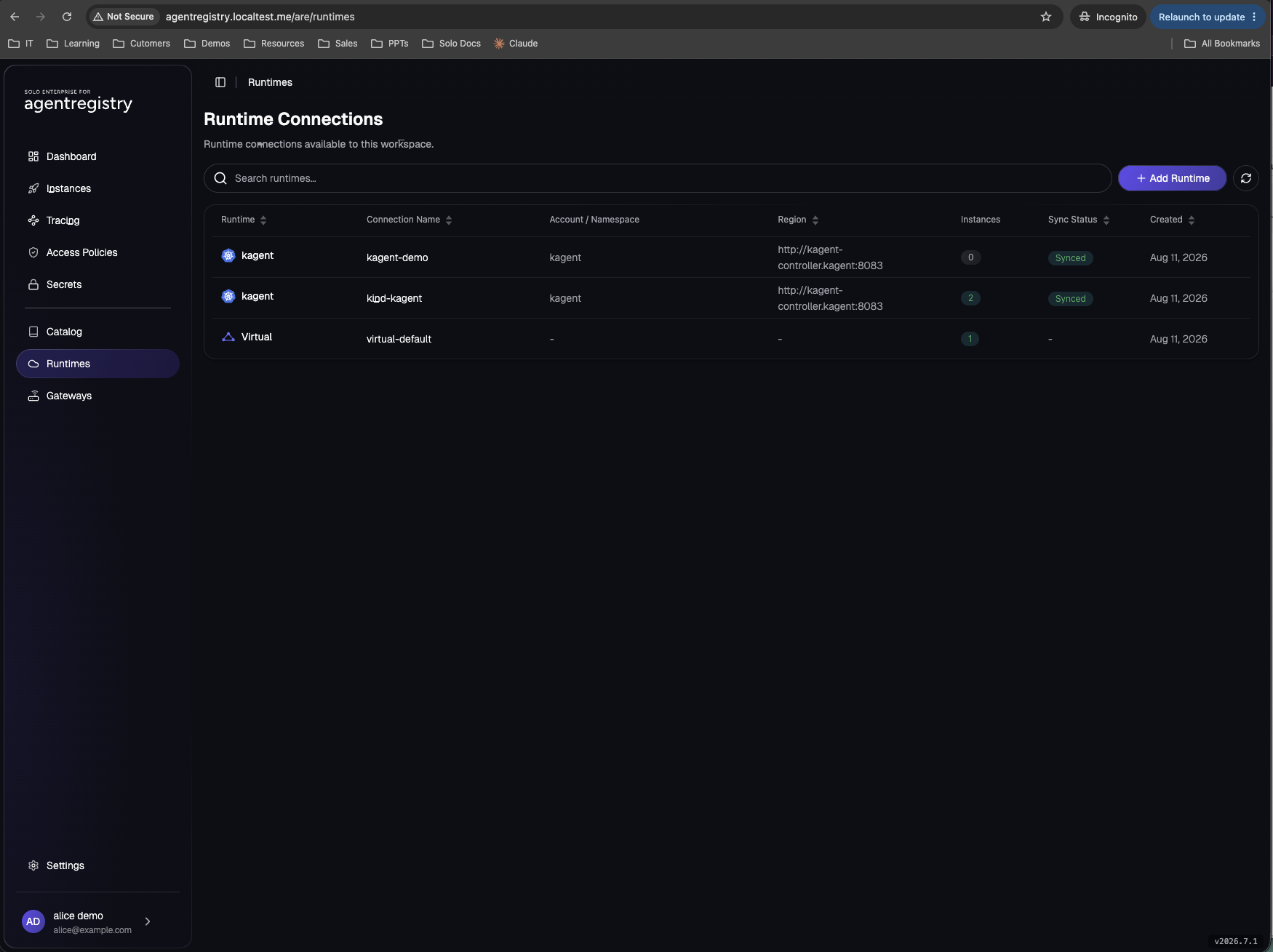 The Runtime Connections list showing the kagent-demo and kind-kagent connections both Synced, plus the seeded virtual-default runtime