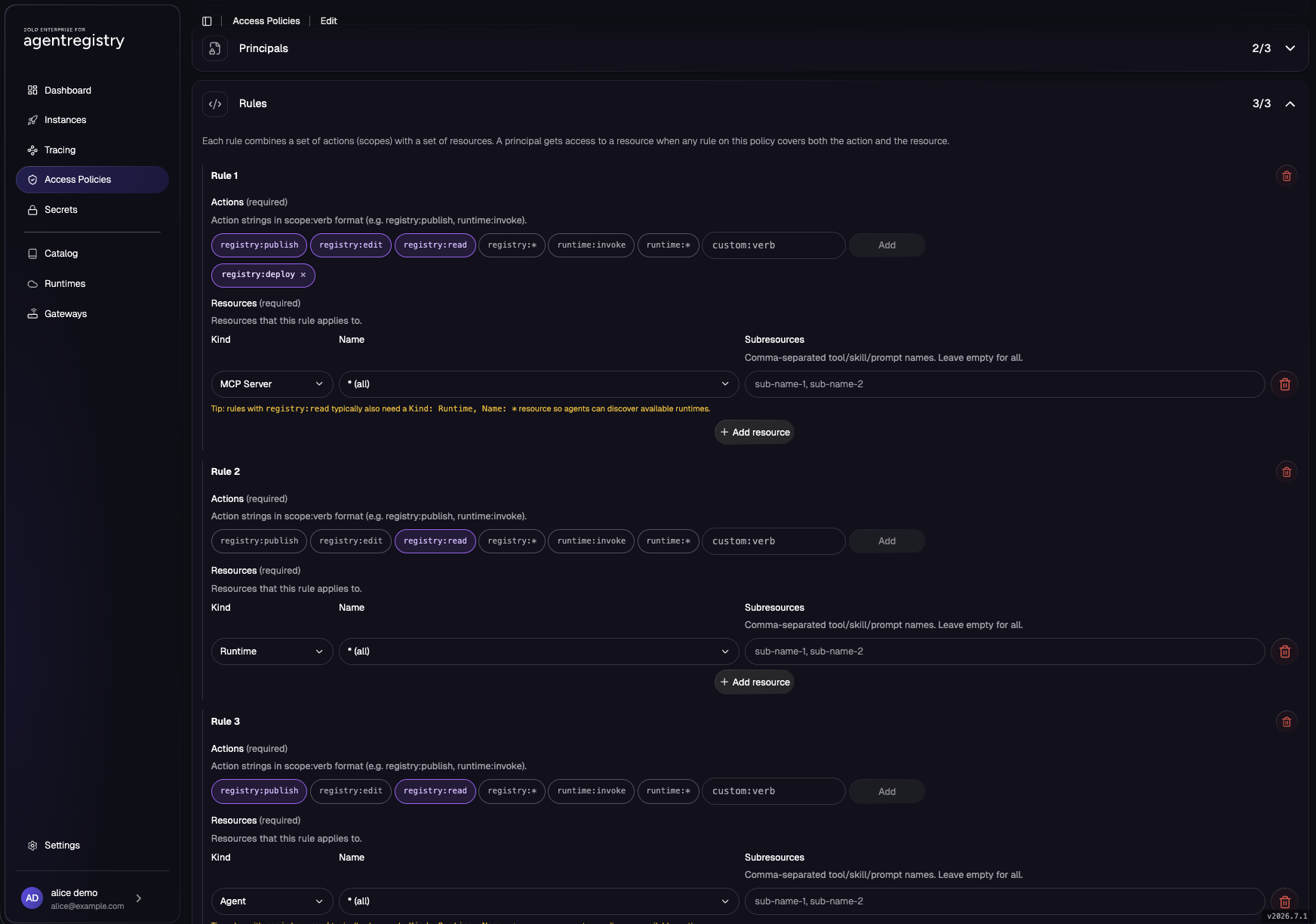 The Access Policy rules editor showing three rules: publish, edit, read and deploy on MCP Server, read on Runtime, and publish plus read on Agent