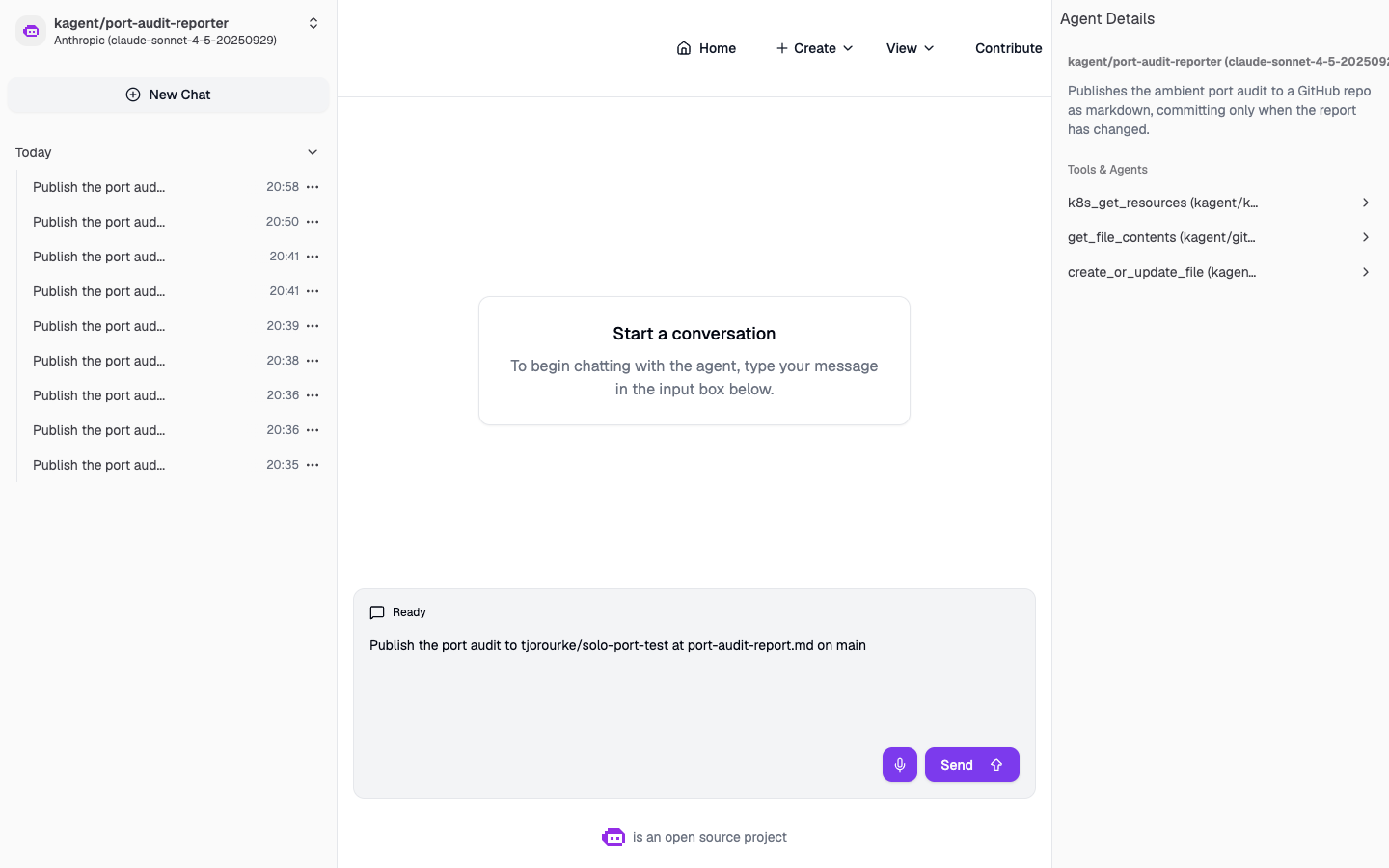 The port-audit-reporter agent in the kagent dashboard: the prompt typed in the chat box, and the Agent Details panel on the right listing its three tools, k8s_get_resources, get_file_contents and create_or_update_file.