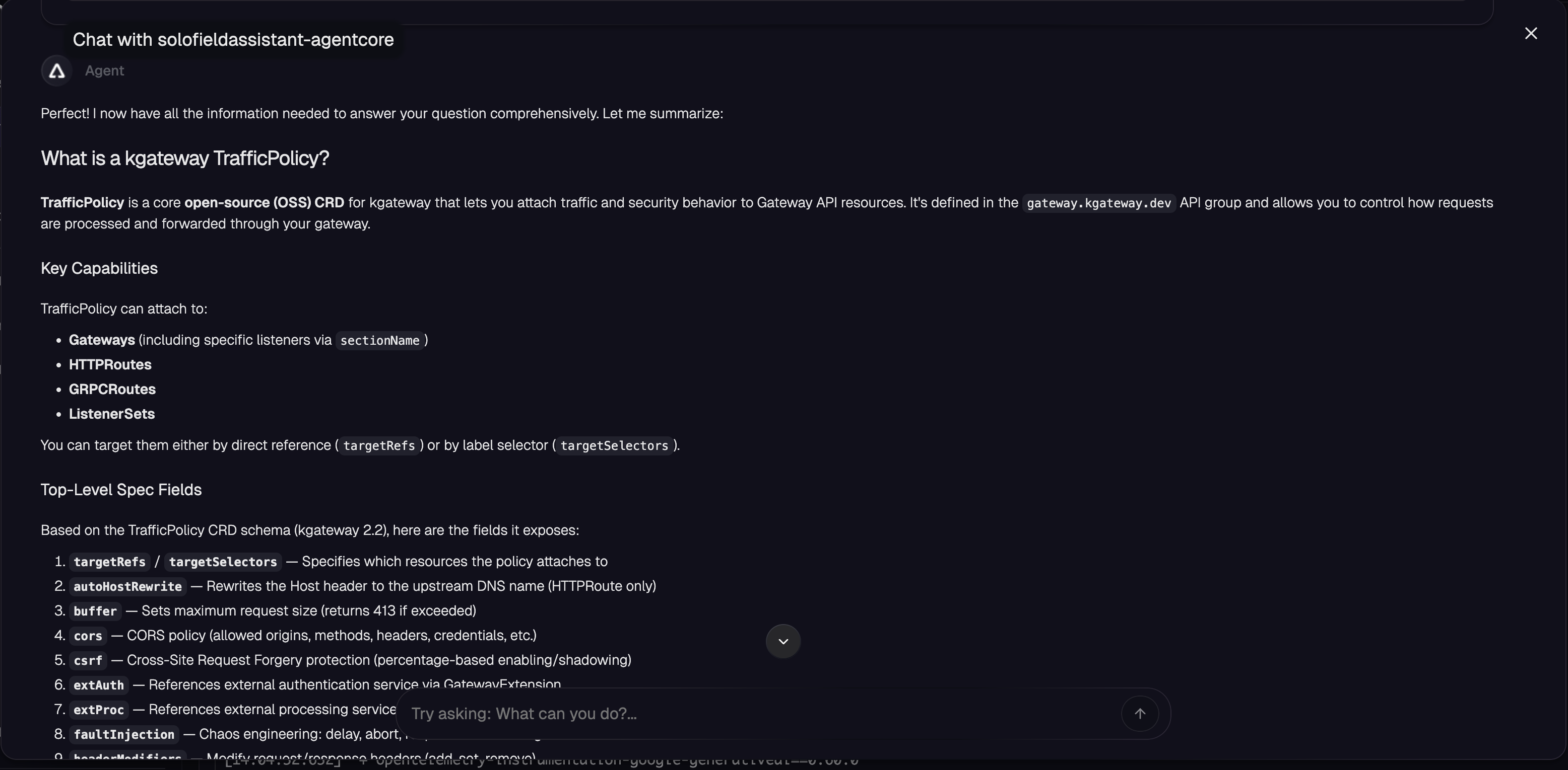 AgentRegistry chat view against the aws-agentcore deployment of solofieldassistant, answering a TrafficPolicy question with citations to the CRD kind