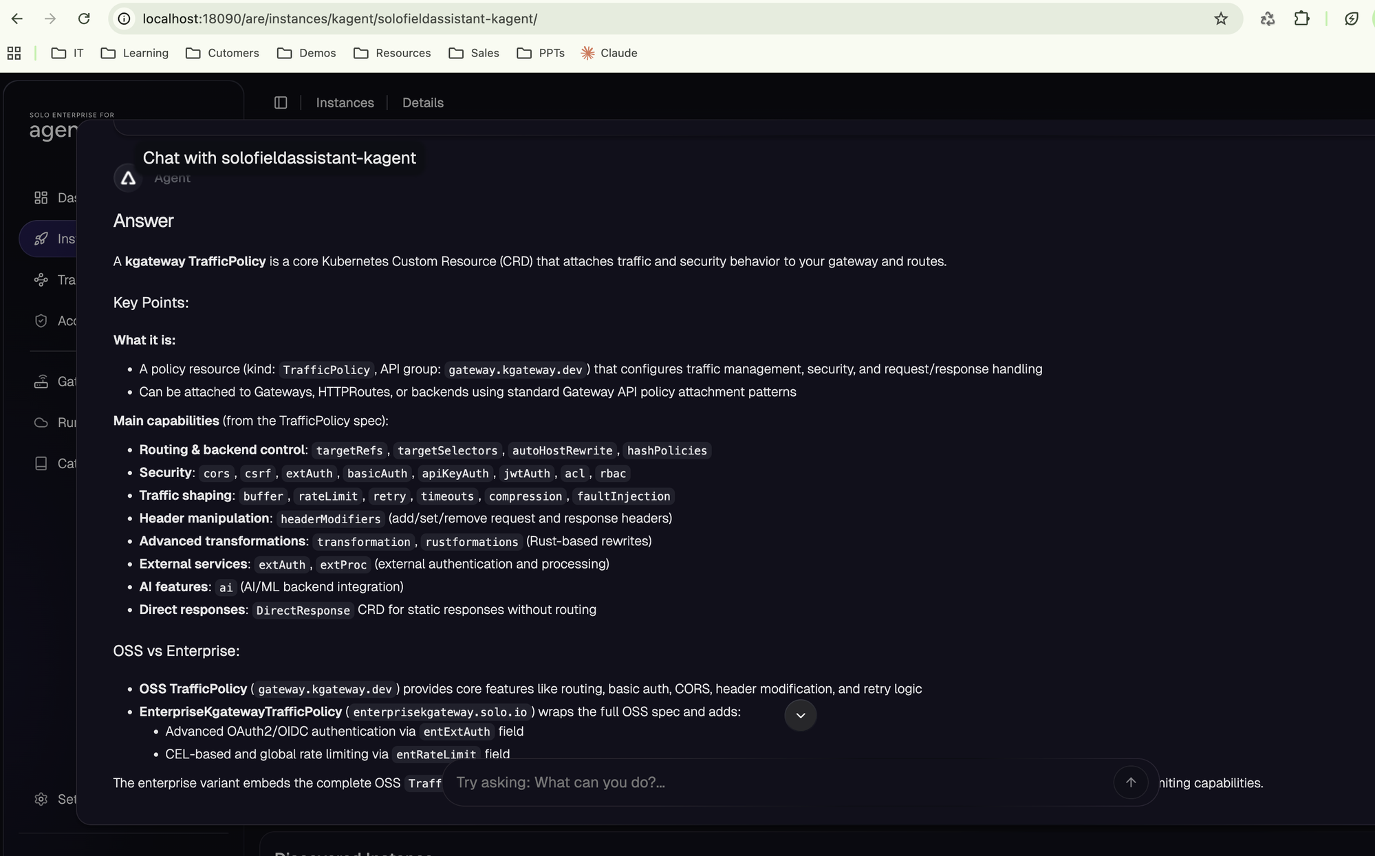 AgentRegistry chat view against the kagent-tor1 deployment of solofieldassistant, answering the same TrafficPolicy question with citations to the CRD kind