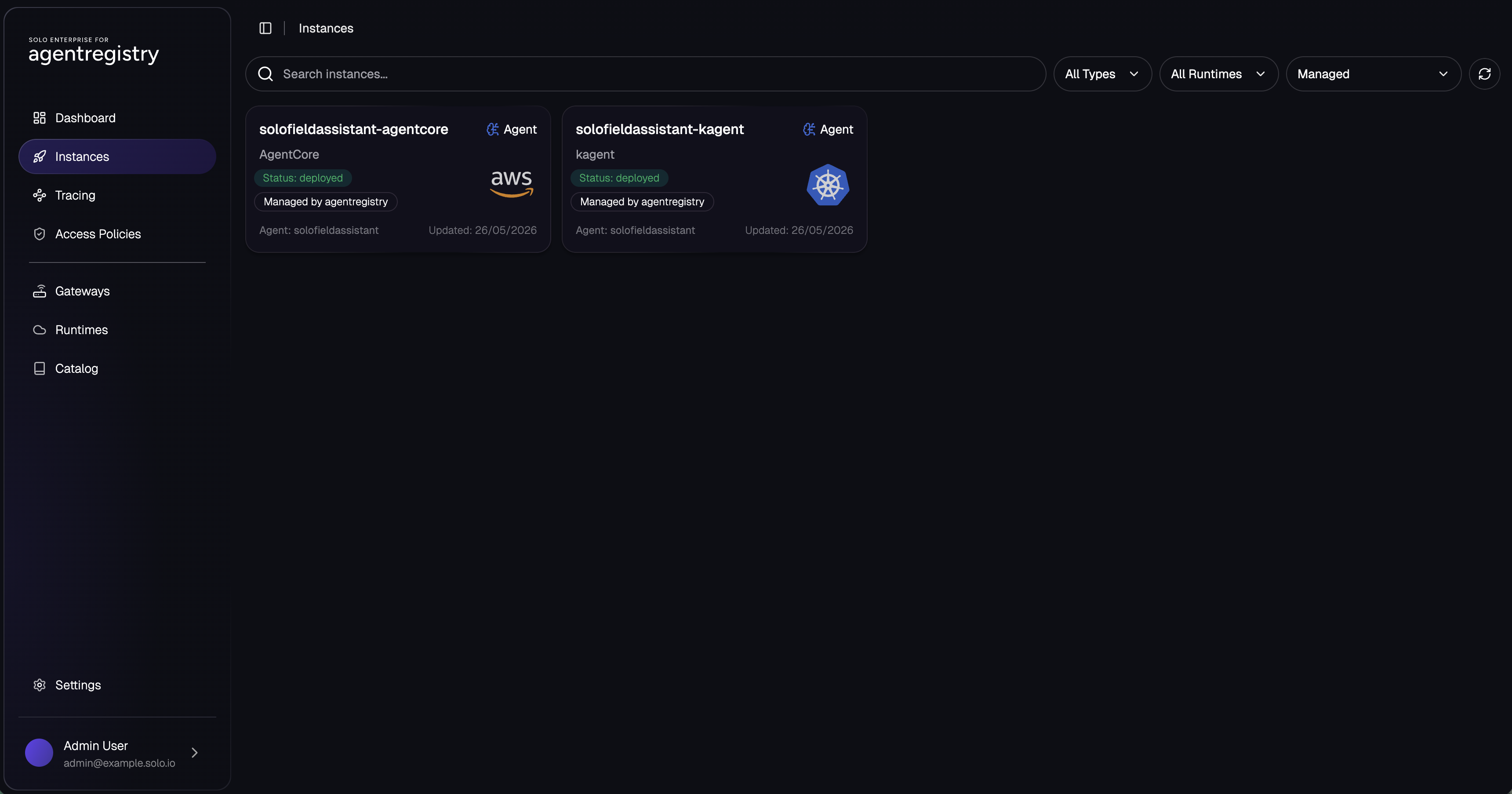 AgentRegistry UI Instances page showing two solofieldassistant deployments: one on kagent-tor1 and one on aws-agentcore, both Healthy