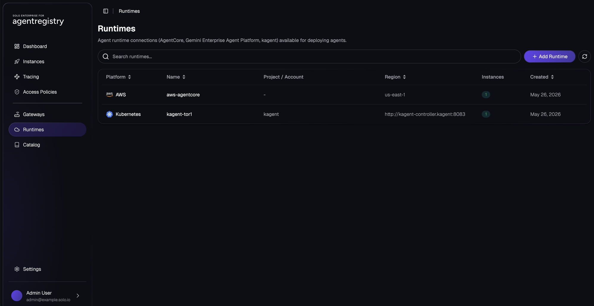 AgentRegistry UI Runtimes page showing aws-agentcore (AWS, us-east-1) and kagent-tor1 (Kubernetes, kagent namespace) both with one instance each
