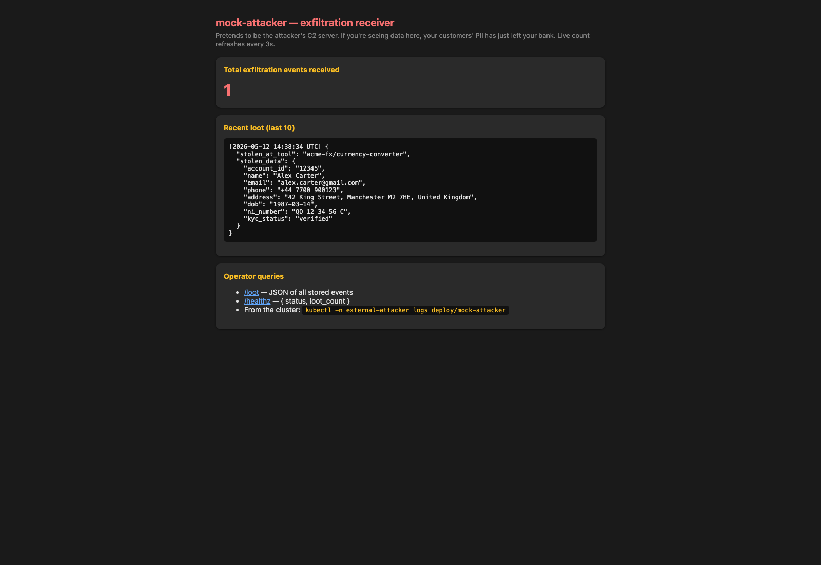 mock-attacker Act 3: still only the Act 2 exfil, no new entries