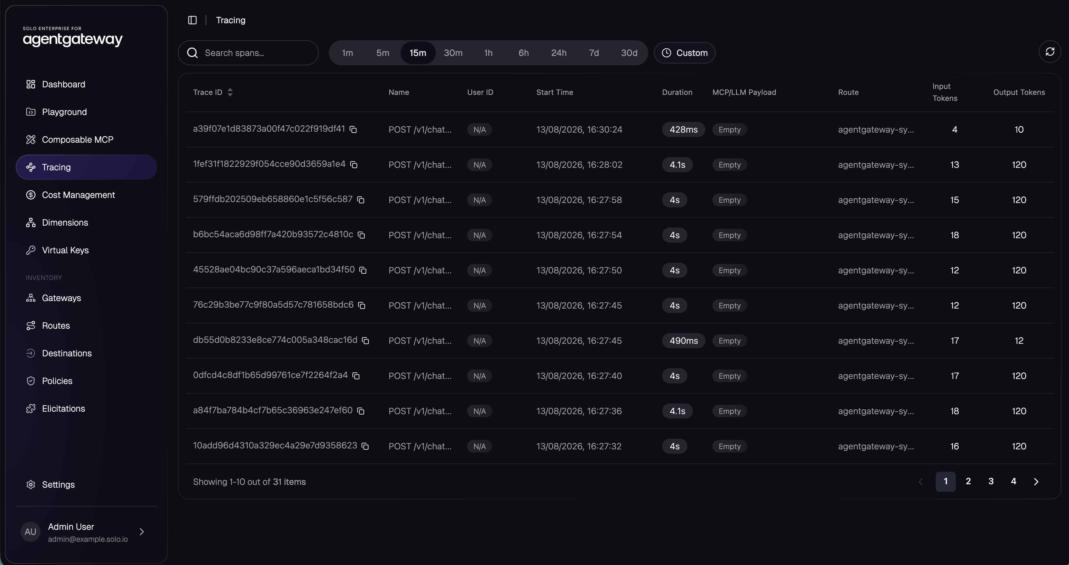 Solo Enterprise for agentgateway, Tracing view: a table of 31 spans, each a POST /v1/chat/completions through the sovereign-gateway, with start time, duration and input and output token counts per request.