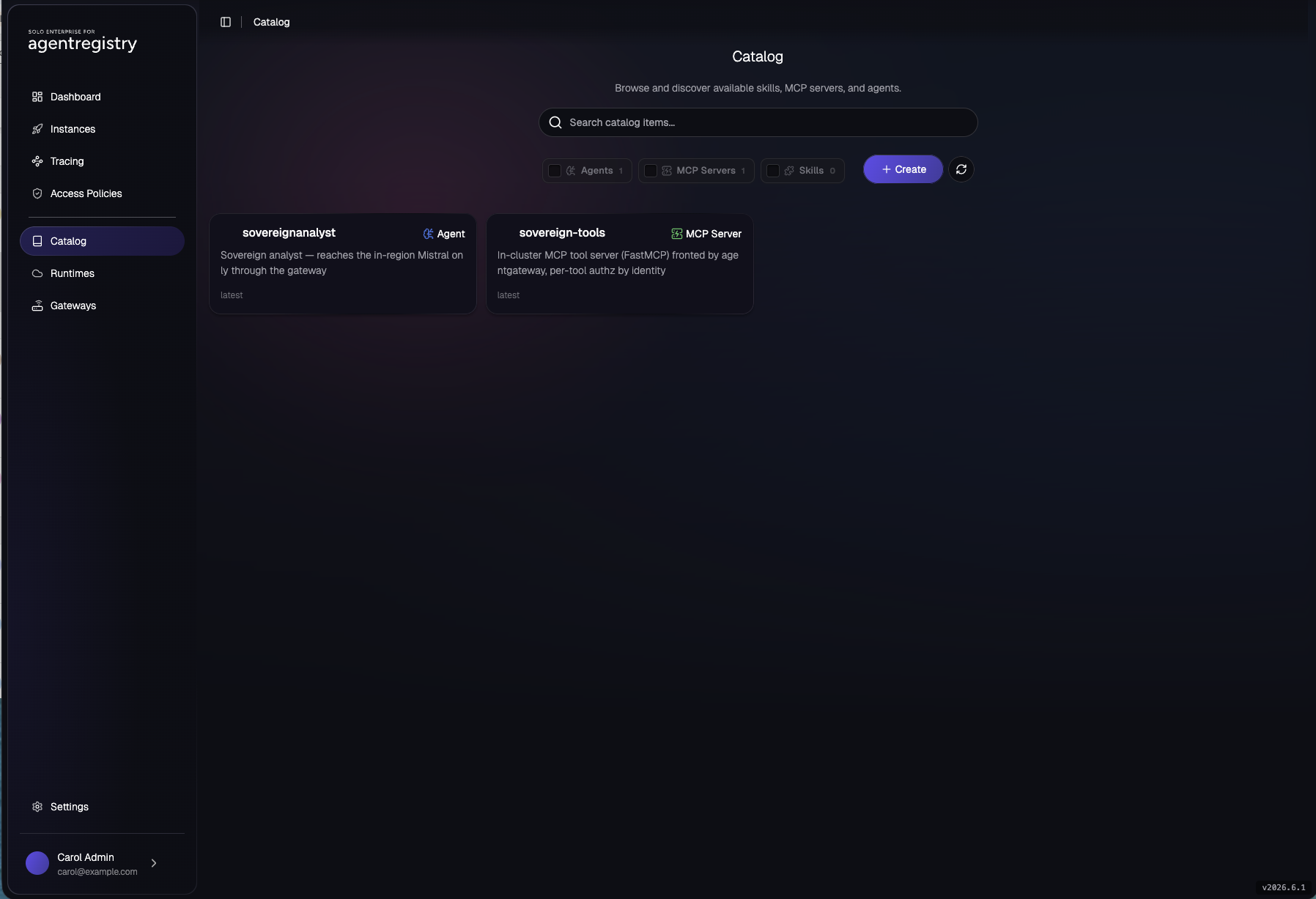 Solo Enterprise for agentregistry, Catalog view: two cards, the sovereignanalyst agent and the sovereign-tools MCP server, both tagged latest.