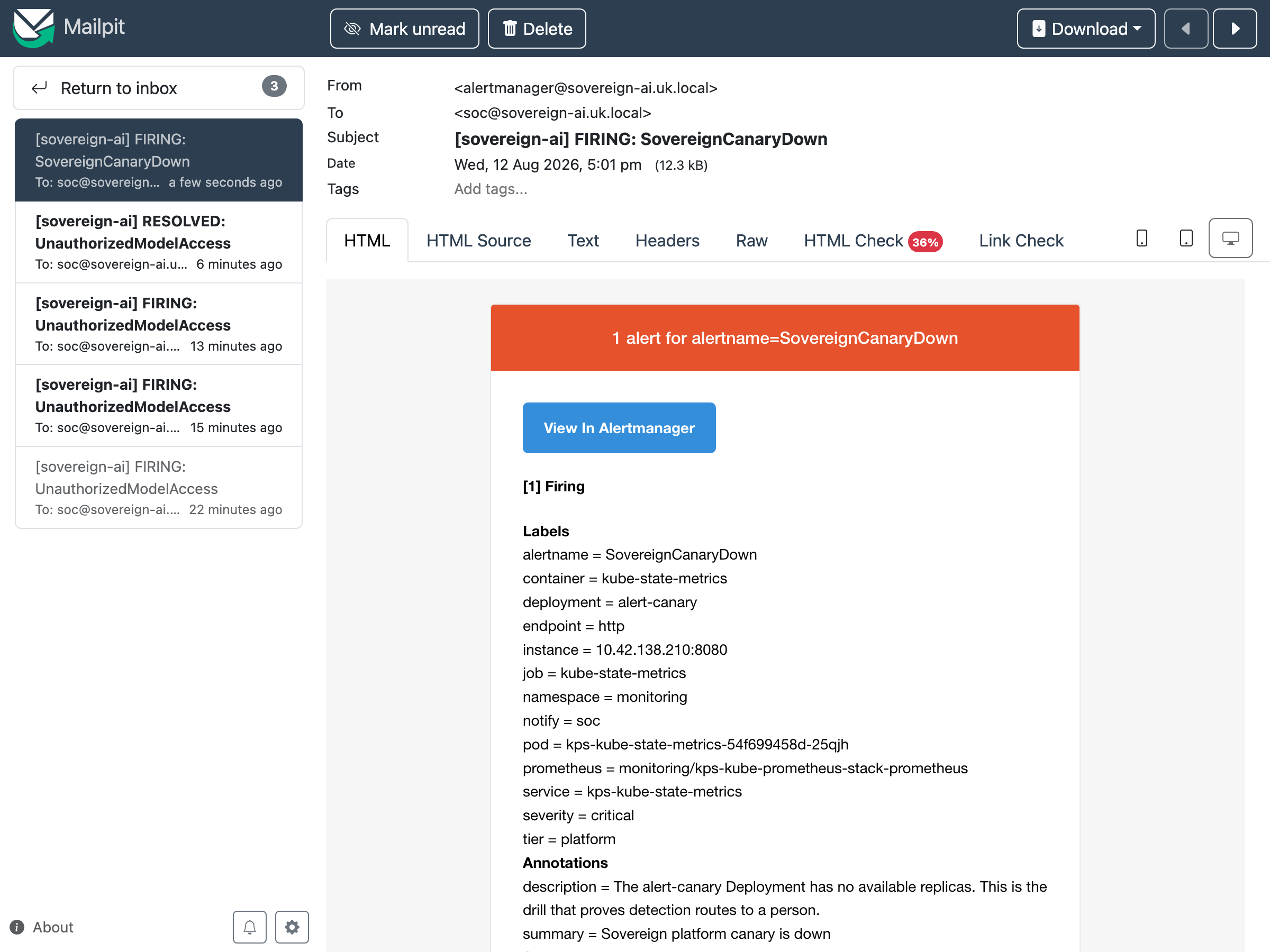 The alert email opened in the in-cluster Mailpit inbox: from alertmanager@sovereign-ai to soc@sovereign-ai, a red FIRING banner, and the full alert labels and annotations.