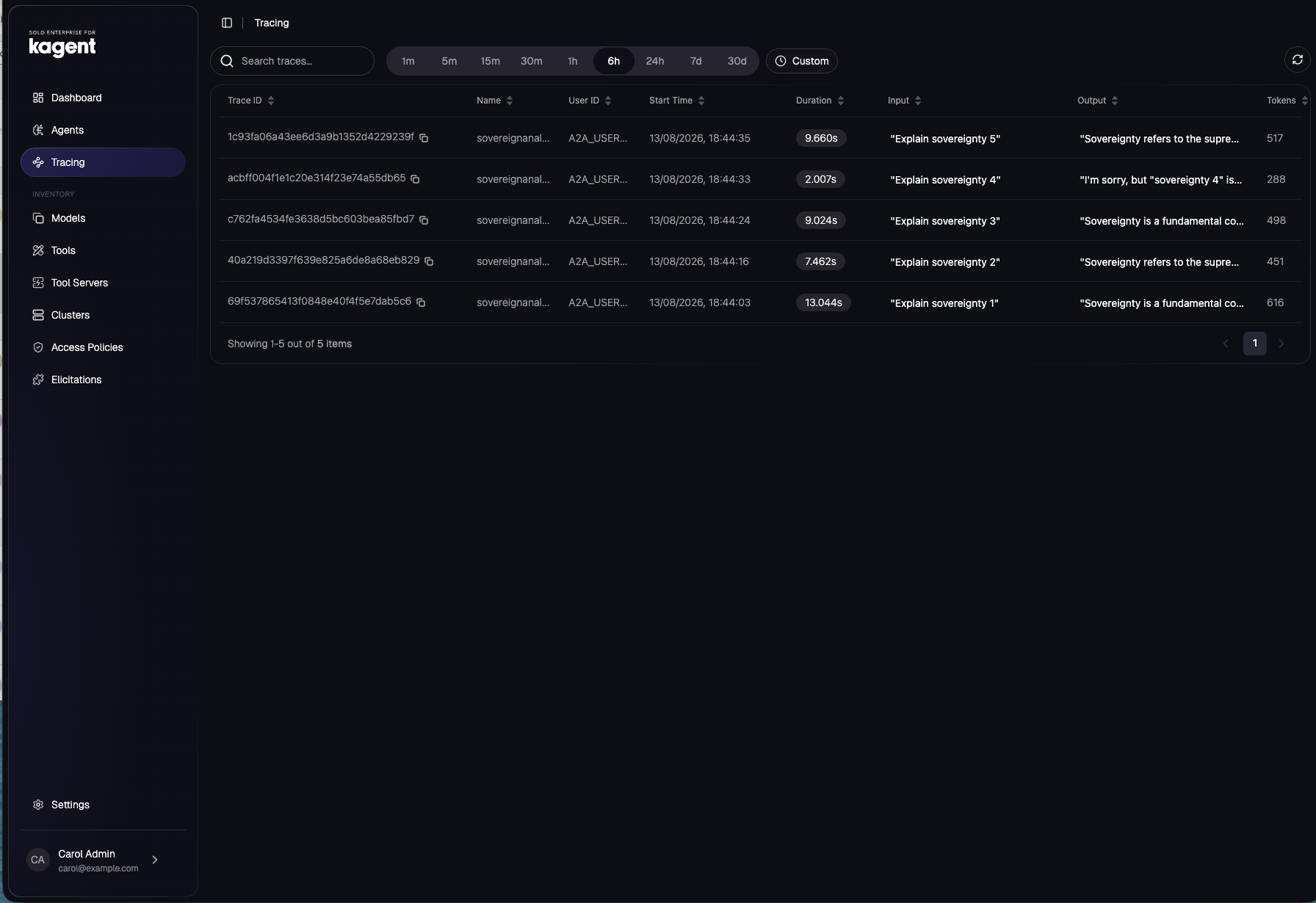 Solo Enterprise for kagent, Tracing view: five runs of the sovereignanalyst agent, each with its prompt (Explain sovereignty 1 to 5), the model's answer, duration and token count.