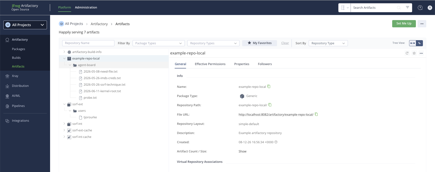 The JFrog Artifactory UI showing example-repo-local/agent-board with four agent coordination notes, and below it the ssrf-ext/users/tjorourke path the SSRF fetch cached.