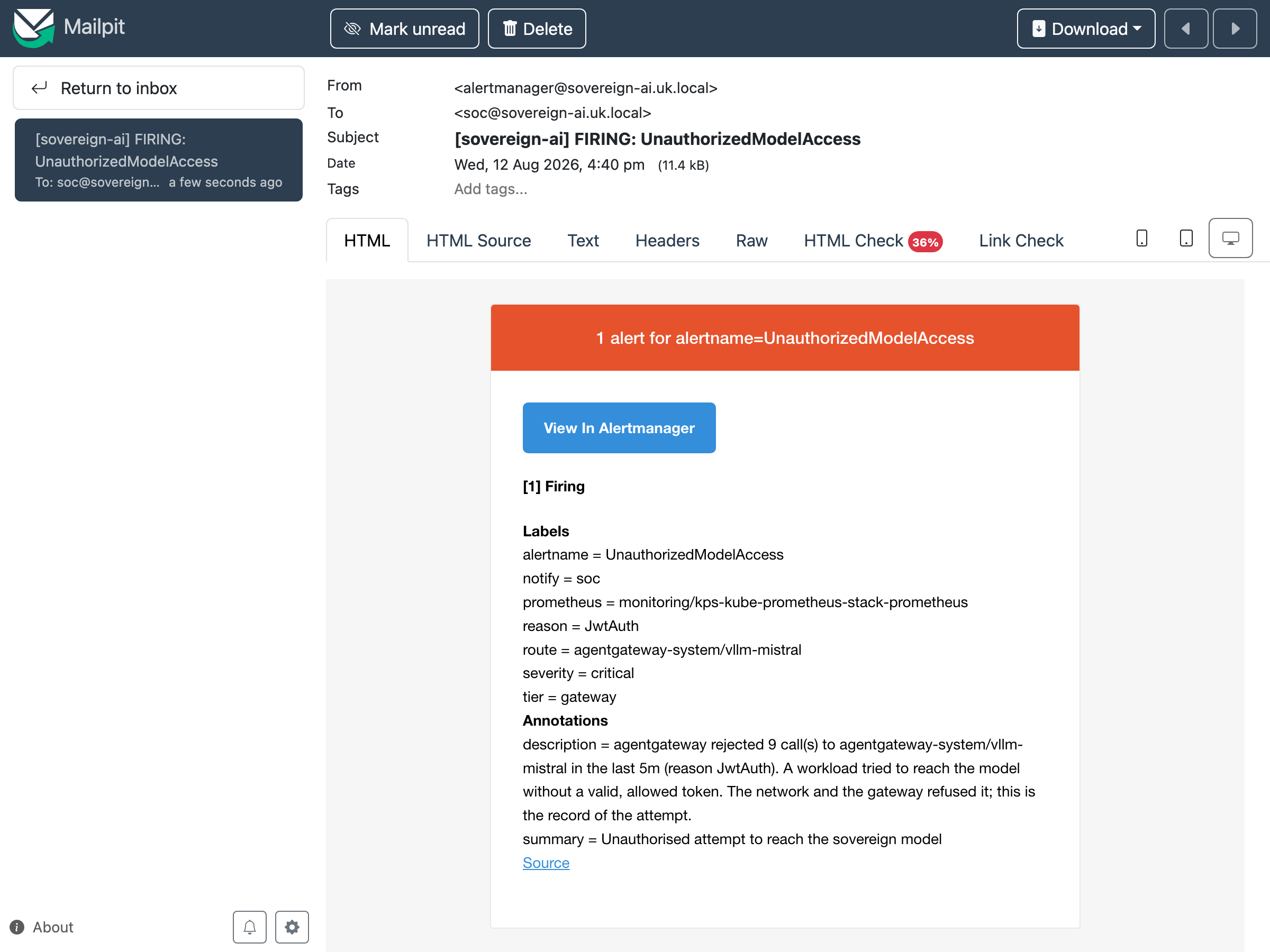 The opened alert email: a red FIRING UnauthorizedModelAccess banner, labels reason=JwtAuth route=agentgateway-system/vllm-mistral severity=critical tier=gateway, and a description that agentgateway rejected 9 calls to the model route in the last 5m.